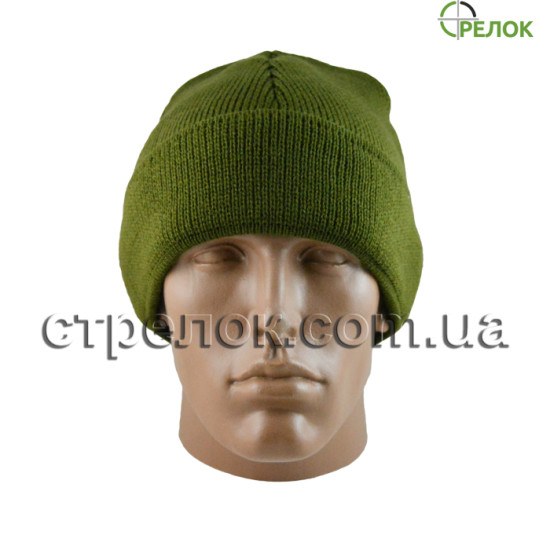 Шапка вязаная с отворотом, олива (утепленная)