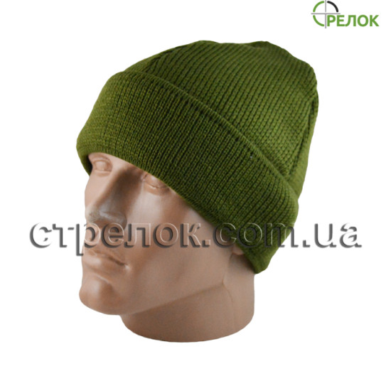 Шапка вязаная с отворотом, олива (утепленная)