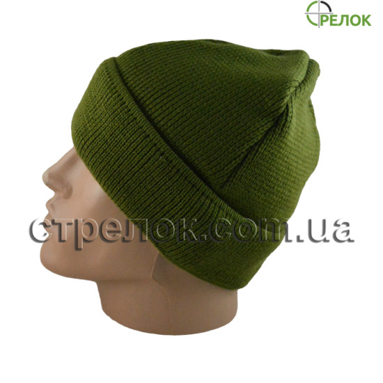 Шапка вязаная с отворотом, олива (утепленная)